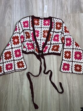 Crochet Granny Square Tie-Front bolero/shrug Cardigan - White, Pink & Brown
